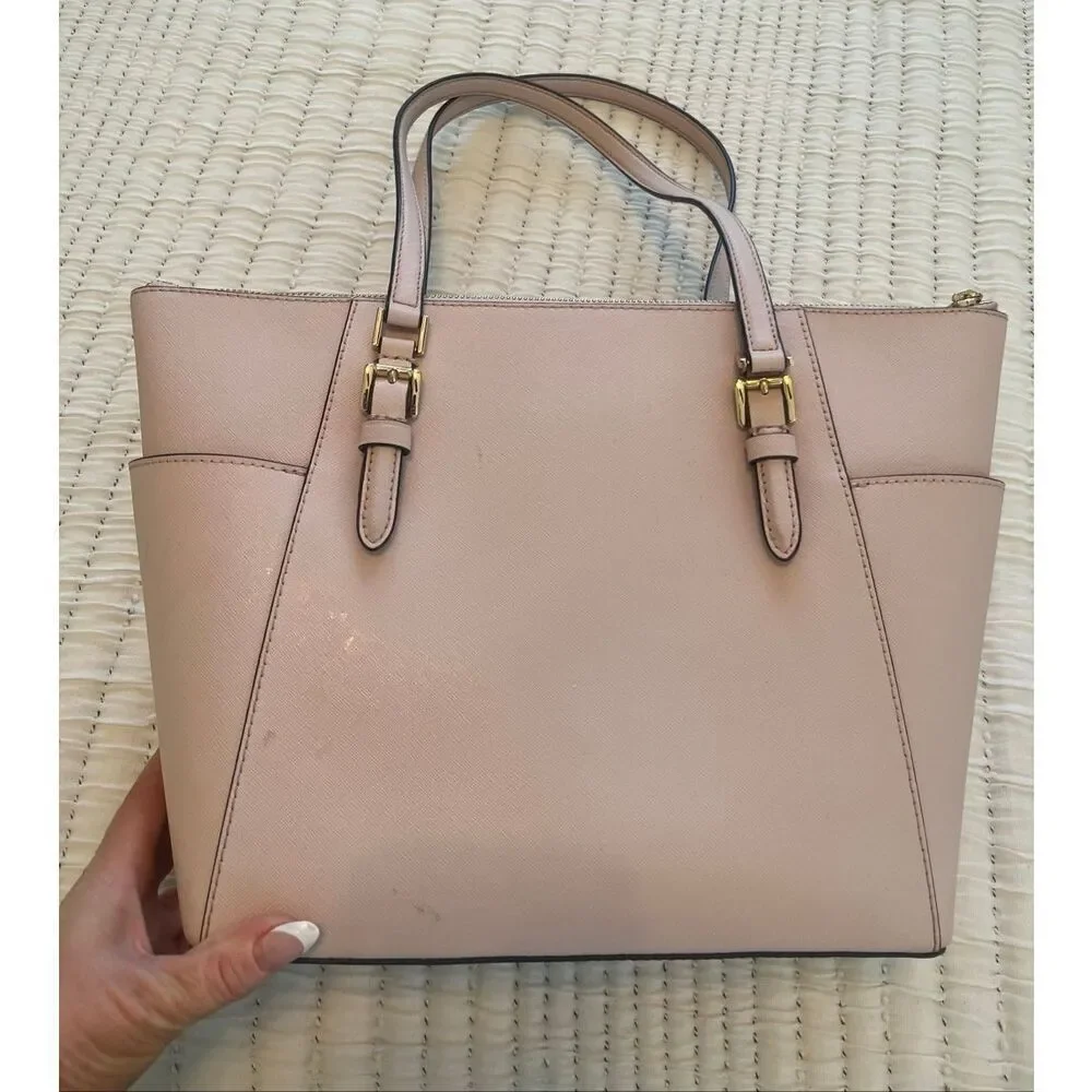 Michael Kors Charlotte Saffiano Leather Top-Zip Bag Powder Blush Pink